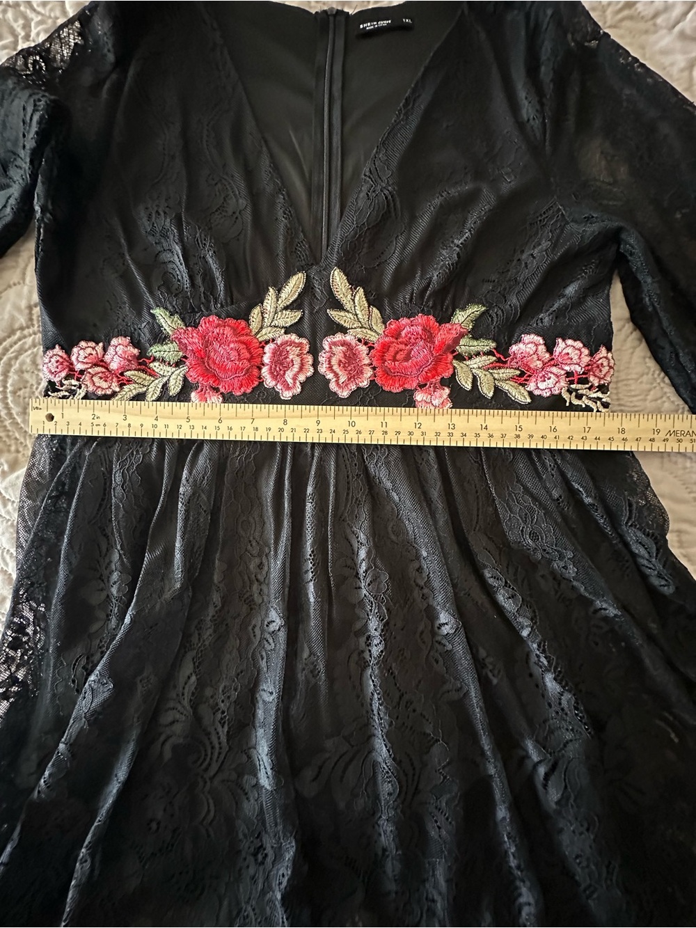 SHEIN Curve Black Lace Witchy Goth Rose Embroidered Dress Long Sleeve Coquette - Picture 11 of 14